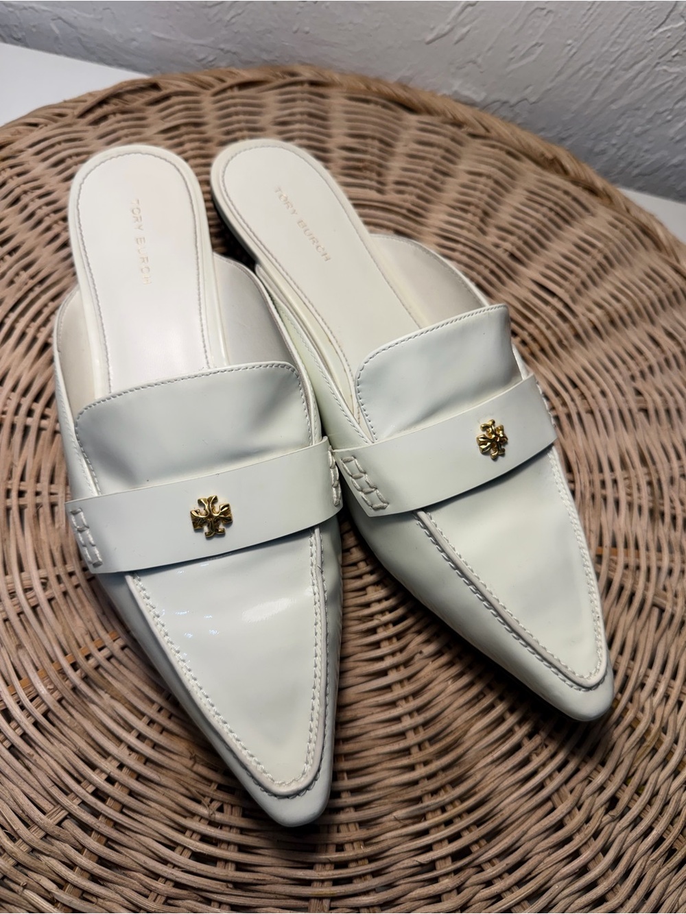 Tory Burch Cream Pointed Leather Slip-On Mules with Gold Logo